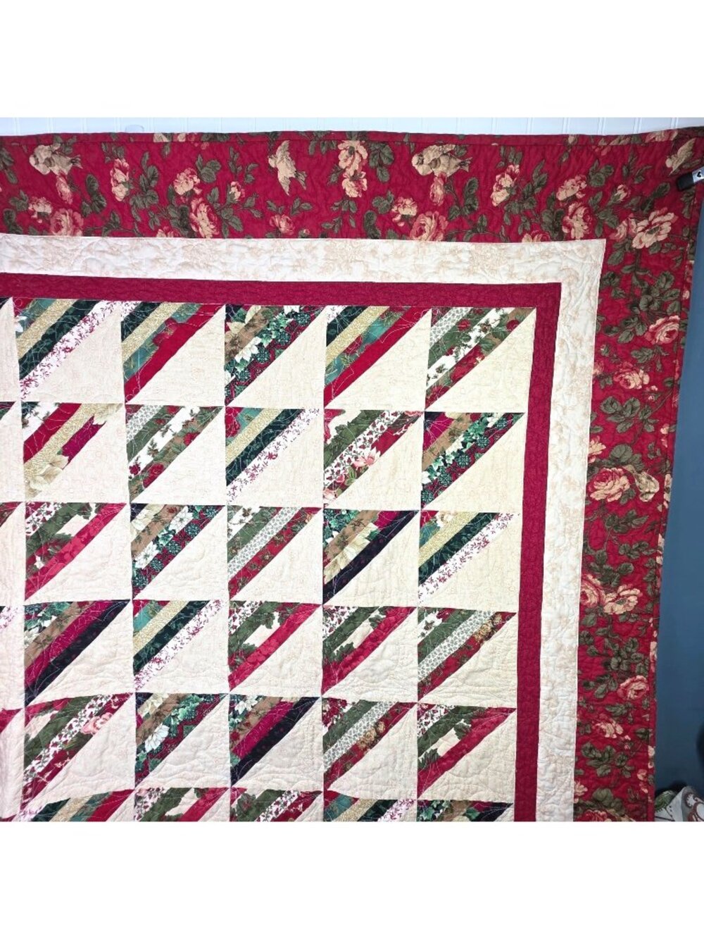 Vintage Scrap String Quilt Patchwork Birds Handmade Red Cottage Full Throw 70x83